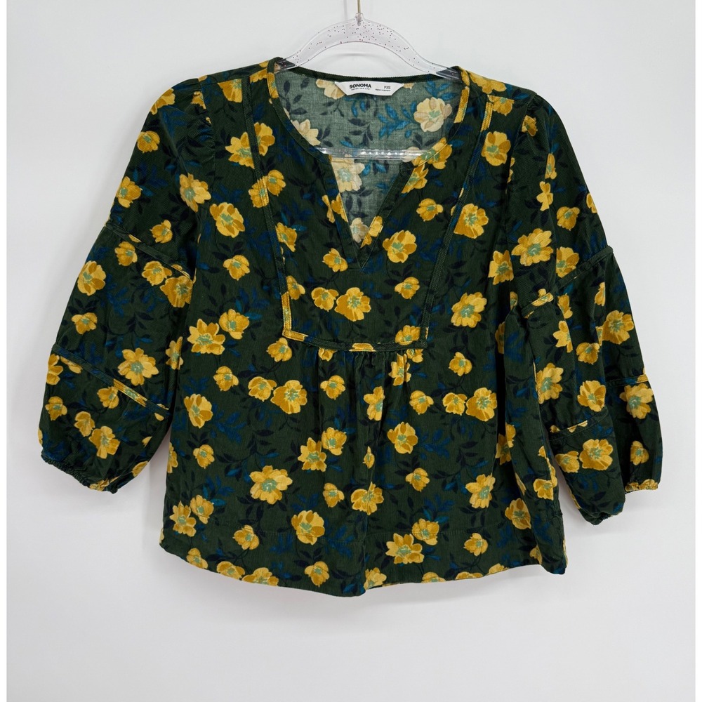 Sonoma Goods For Life Green Floral Corduroy Blouse Sz PXS 3/4 Balloon Sleeve Top